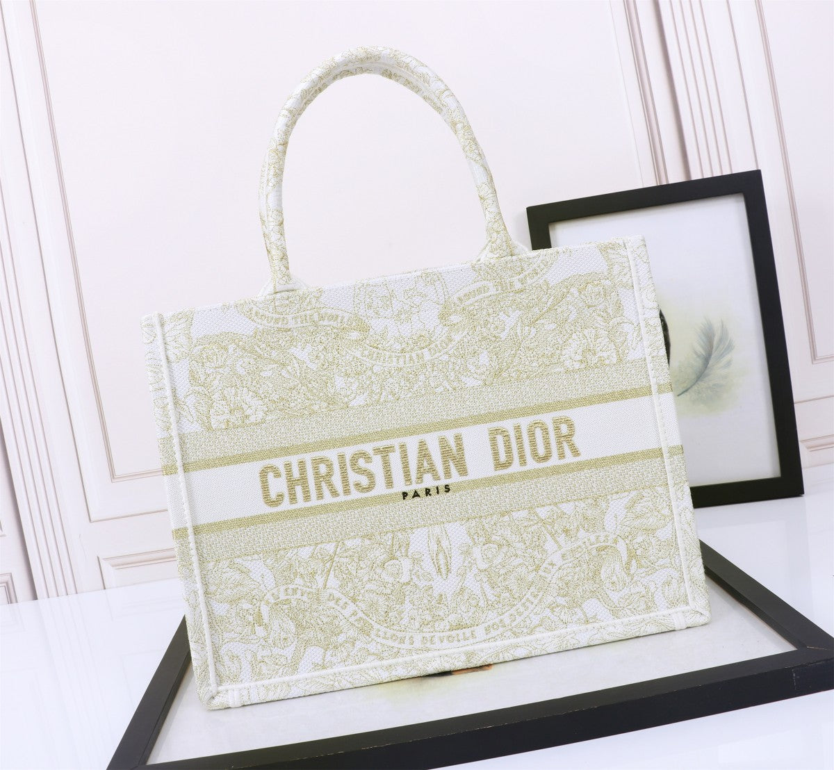 Christian Dior Book Tote Bag White and Gold Toile de Jouy Embroidery
