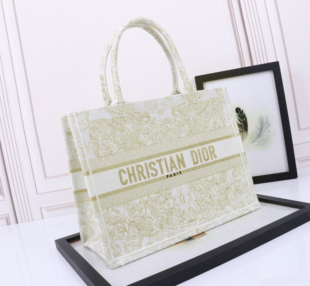 Christian Dior Book Tote Bag White and Gold Toile de Jouy Embroidery