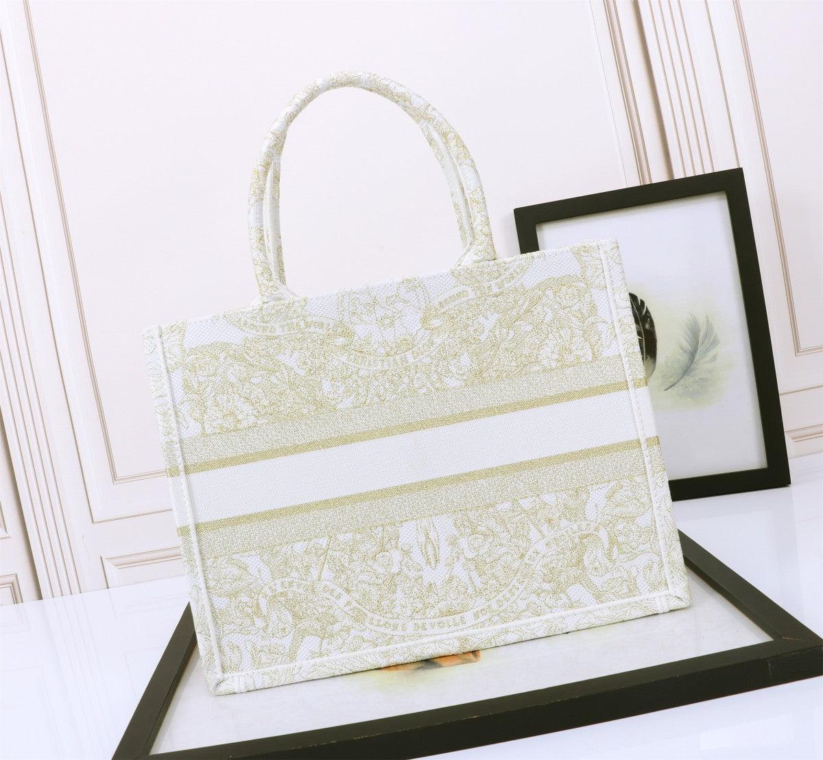 Christian Dior Book Tote Bag White and Gold Toile de Jouy Embroidery