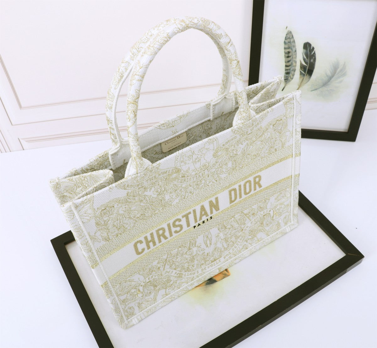 Christian Dior Book Tote Bag White and Gold Toile de Jouy Embroidery