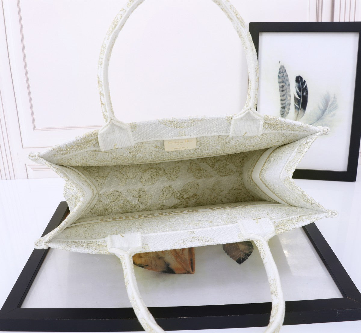 Christian Dior Large Book Tote - White and Gold Toile de Jouy Embroidery