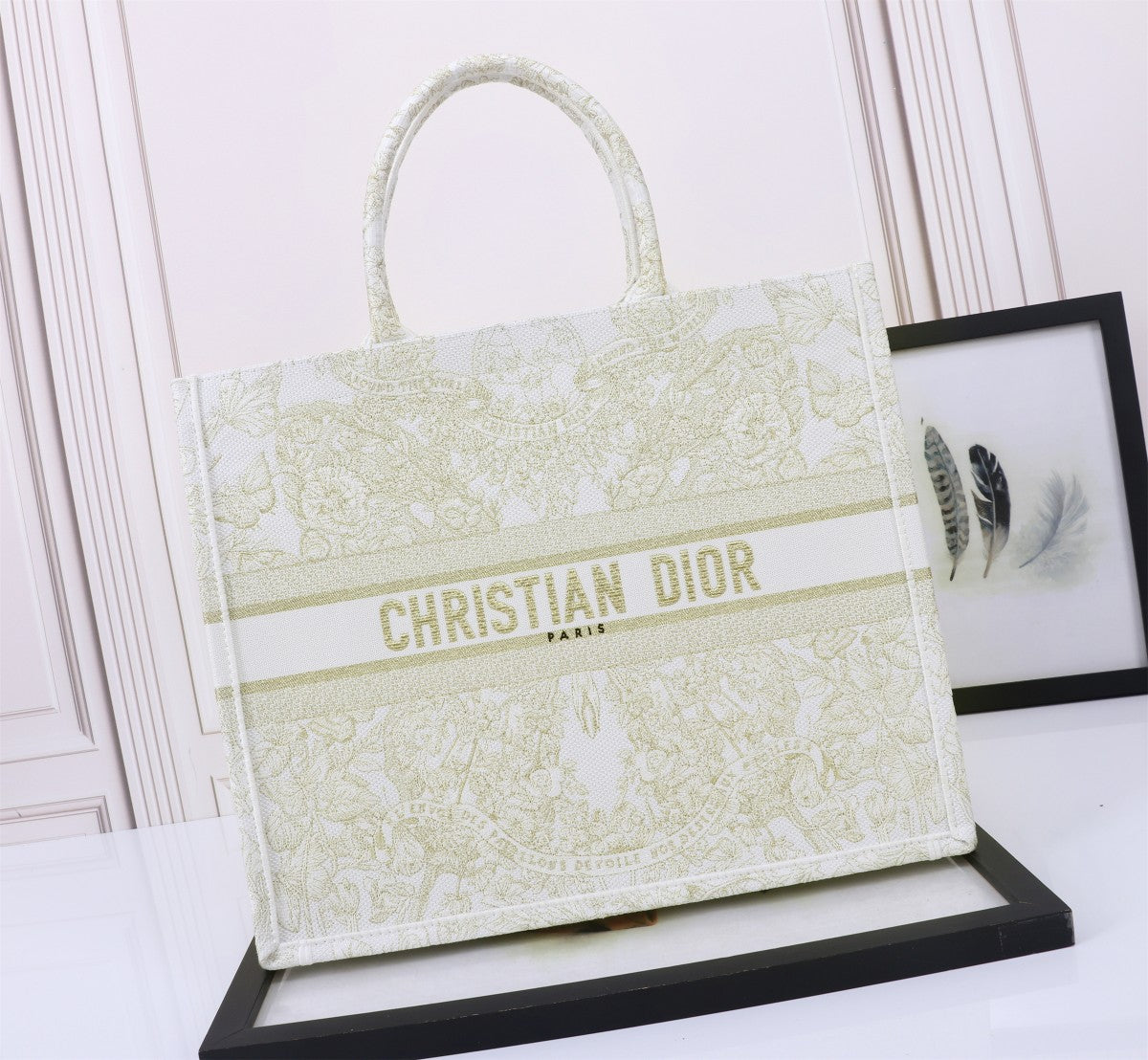 Christian Dior Large Book Tote Bag - Gold Toile de Jouy Embroidered Canvas