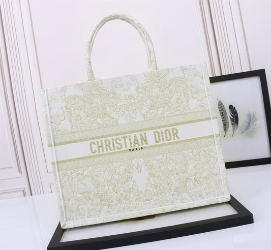 Christian Dior Large Book Tote Bag - Gold Toile de Jouy Embroidered Canvas