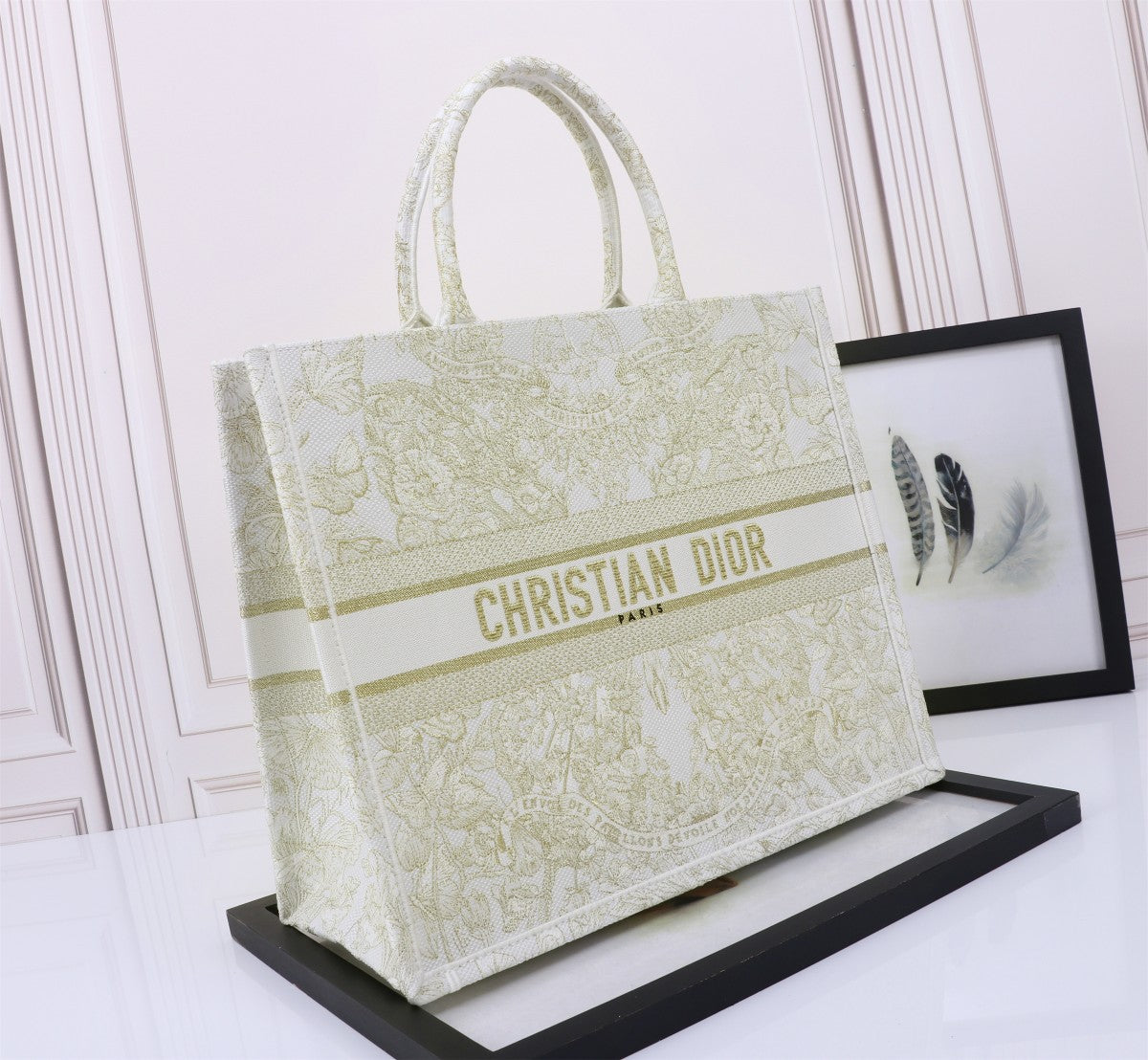 Christian Dior Large Book Tote Bag - Gold Toile de Jouy Embroidered Canvas
