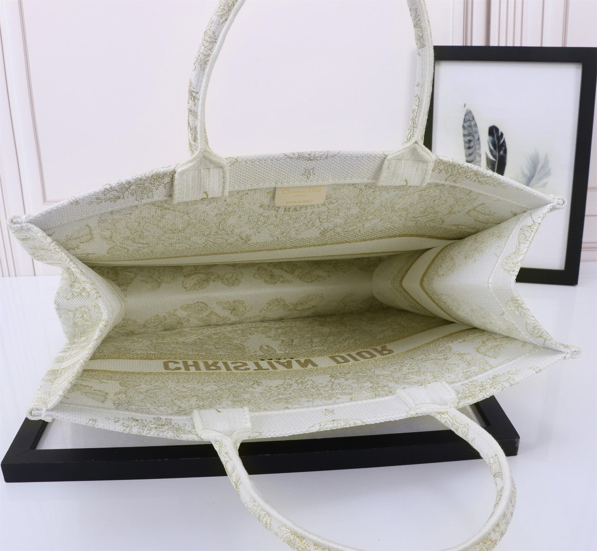 Christian Dior Large Book Tote Bag - Gold Toile de Jouy Embroidered Canvas