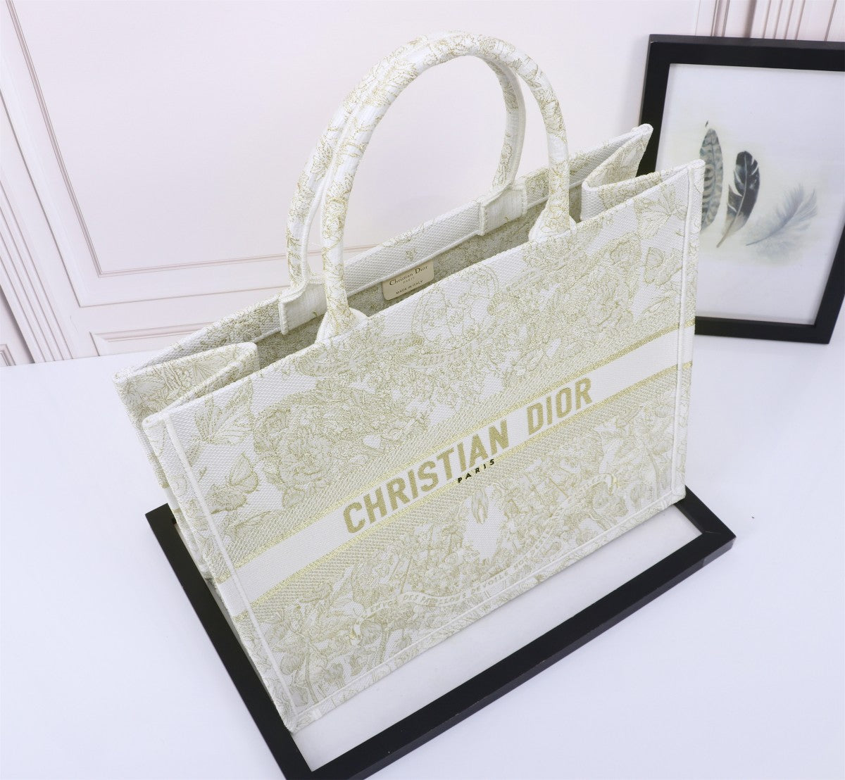 Christian Dior Gold Toile de Jouy Embroidered Large Book Tote Bag