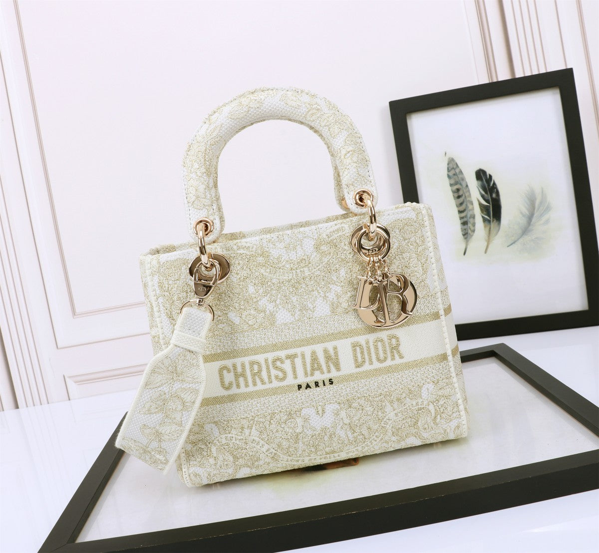 Christian Dior Lady D-Lite Bag White and Gold Embroidered Canvas Handbag