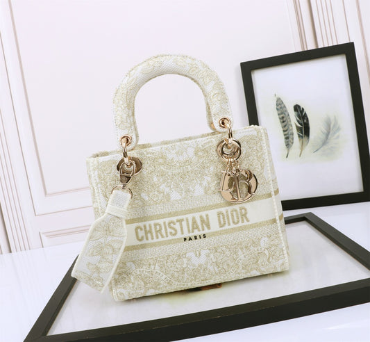 Christian Dior Lady D-Lite Bag White and Gold Embroidered Canvas Handbag