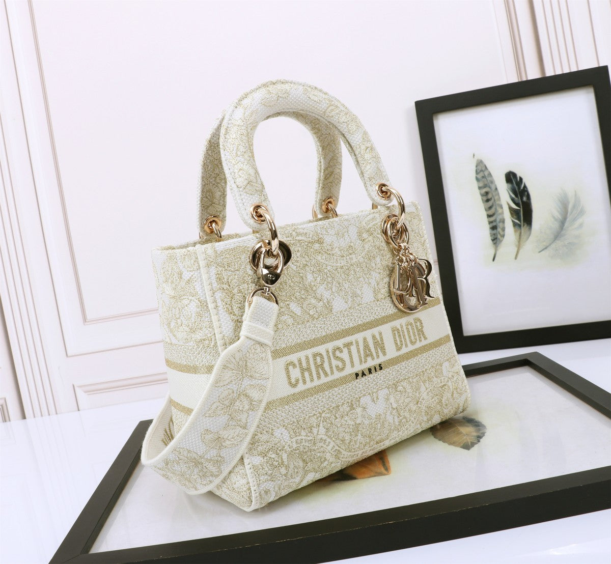 Christian Dior Lady D-Lite Medium Bag - Beige and White Toile de Jouy Embroidery