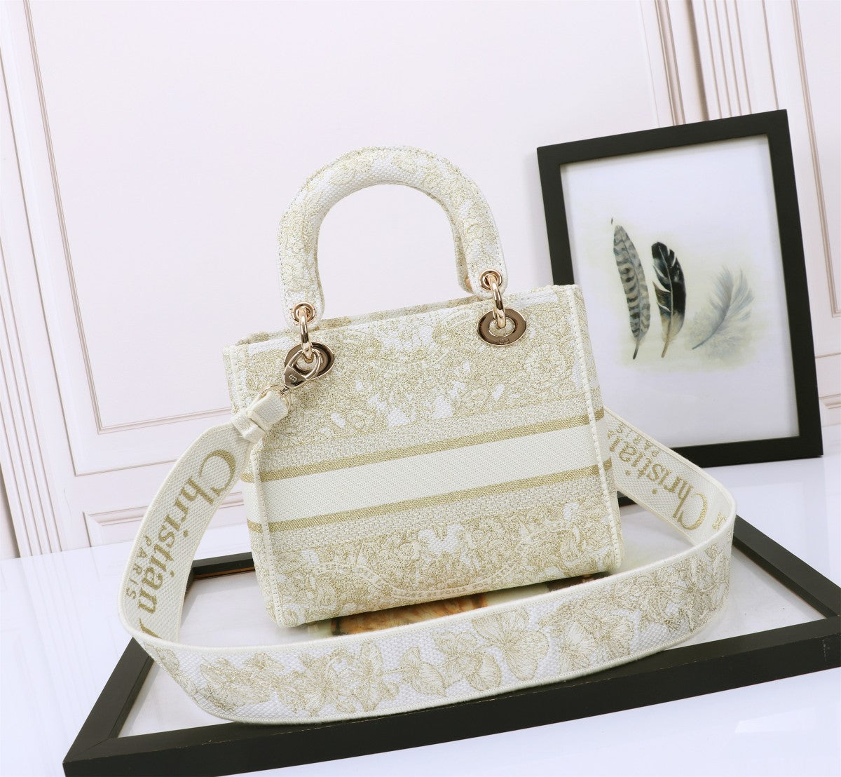 Christian Dior Lady D-Lite Medium Bag - White Embroidered Toile de Jouy Canvas