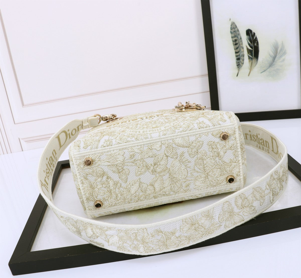 Christian Dior Lady D-Lite Bag White and Gold Embroidered Canvas Handbag