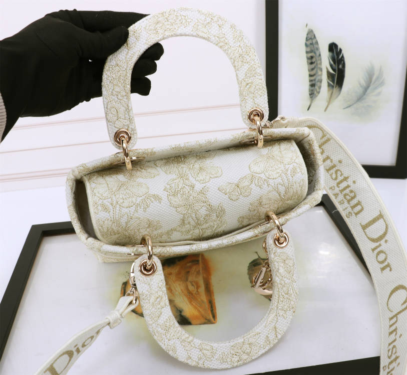 Christian Dior Medium Lady D-Lite Bag - White and Gold Floral Embroidery