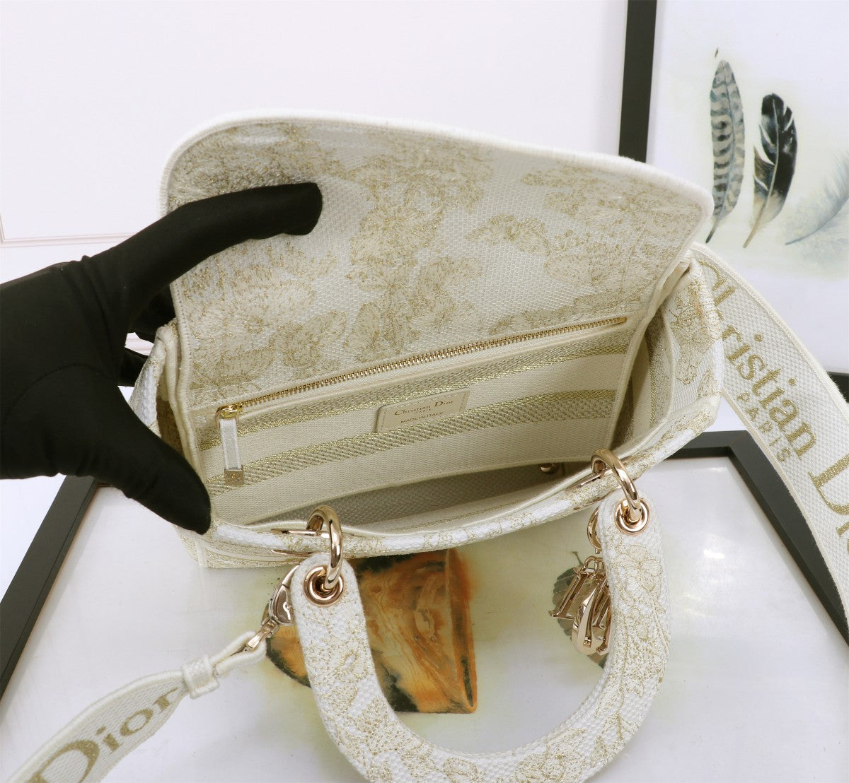 Christian Dior Lady D-Lite Medium Bag - White Embroidered Toile de Jouy Canvas
