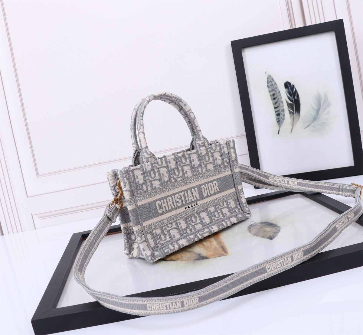 Christian Dior Small Dior Book Tote with Strap Grey Oblique Embroidery Handbag