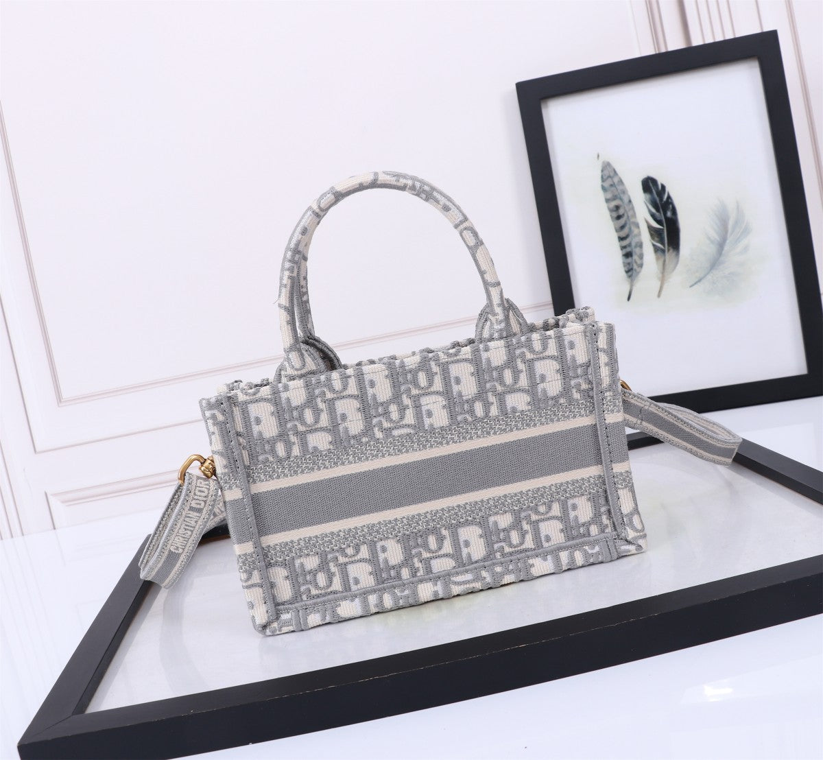 Christian Dior Small Dior Book Tote with Strap Grey Oblique Embroidery Handbag