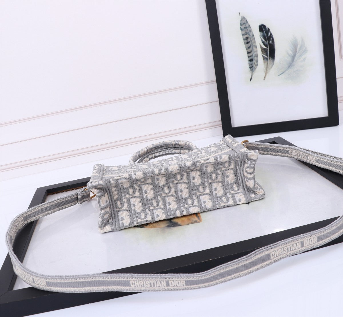 Christian Dior Small Dior Book Tote with Strap Grey Oblique Embroidery Handbag
