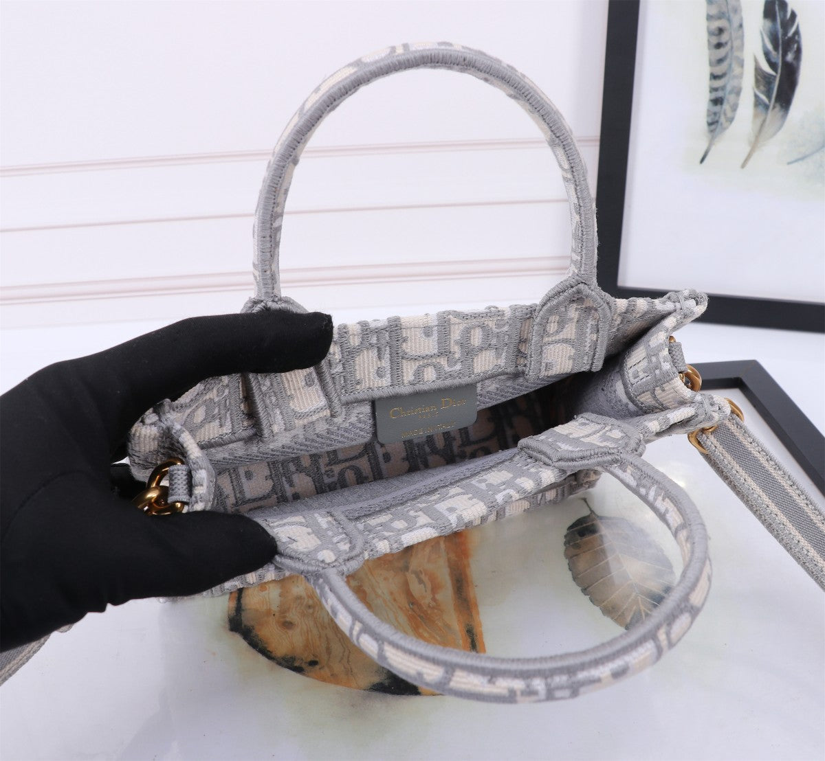 Christian Dior Small Dior Book Tote with Strap Grey Oblique Embroidery Handbag