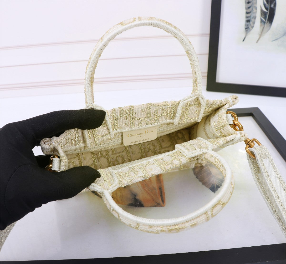 Dior Beige Embroidered Canvas Mini Tote Bag with Crossbody Strap