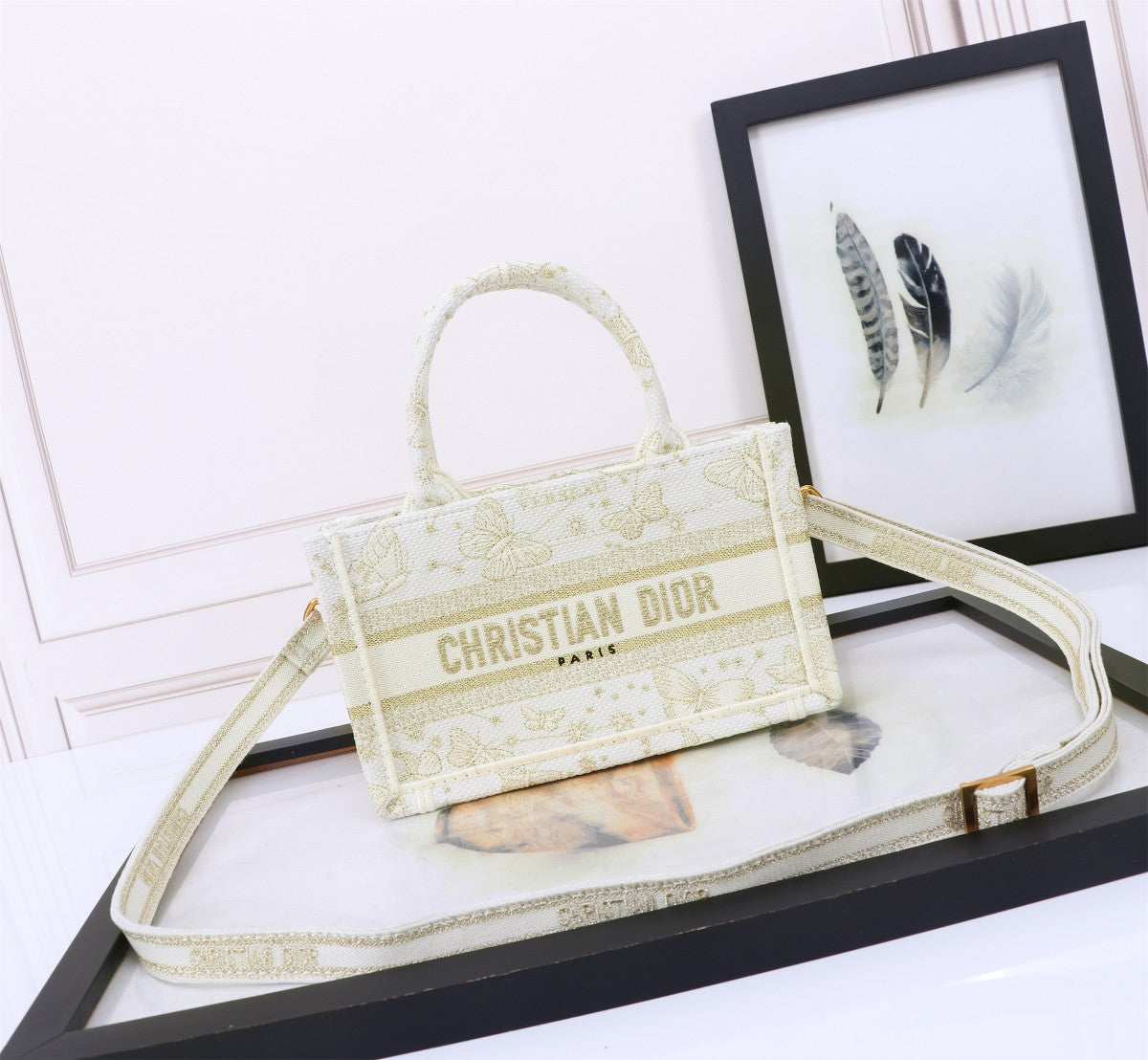 Christian Dior Mini Book Tote with Strap - White and Gold Plan de Paris Embroidery