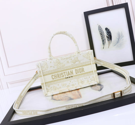 Christian Dior Mini Book Tote with Strap - White and Gold Plan de Paris Embroidery