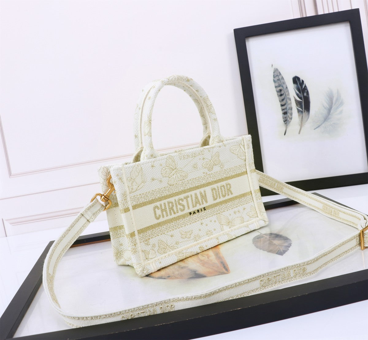 Christian Dior Mini Book Tote with Strap - White and Gold Plan de Paris Embroidery