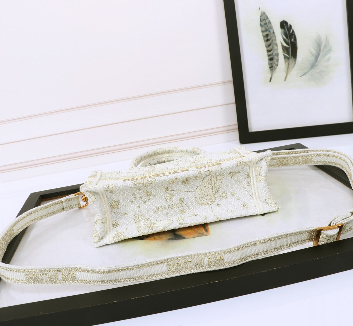 Christian Dior Mini Book Tote with Strap - White and Gold Plan de Paris Embroidery