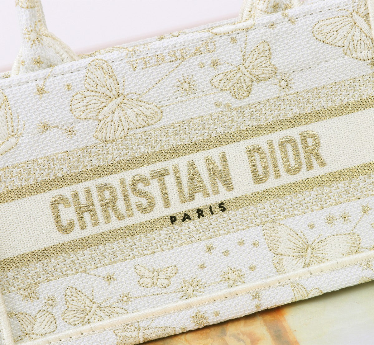 Dior Cream Embroidered Canvas Mini Tote Bag with Shoulder Strap
