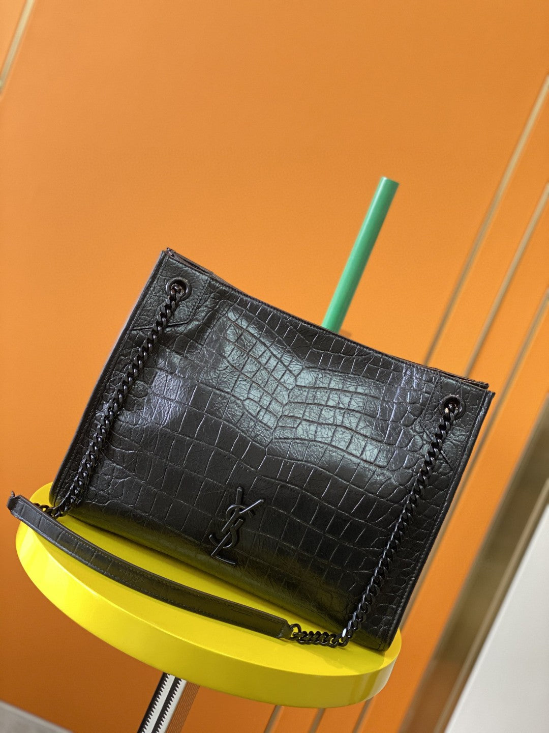 Saint Laurent Niki Medium Shoulder Bag in Crocodile-Embossed Leather - Black