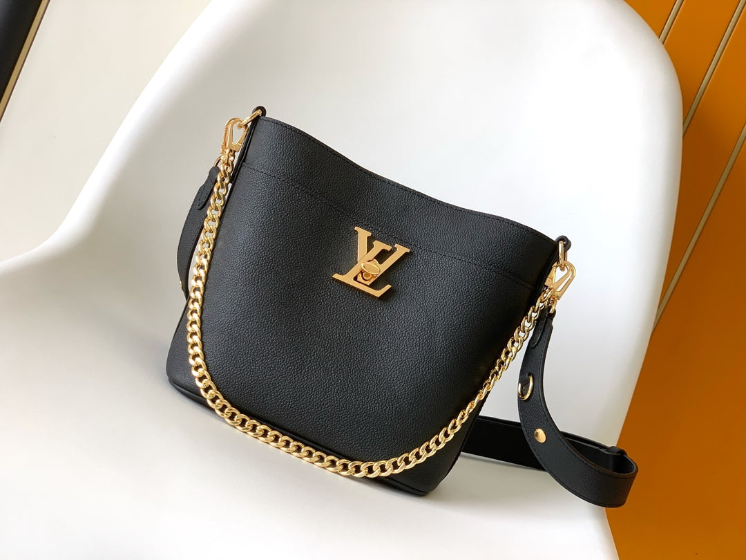 Louis Vuitton Lockme Bucket Bag Black Grained Calfskin Leather