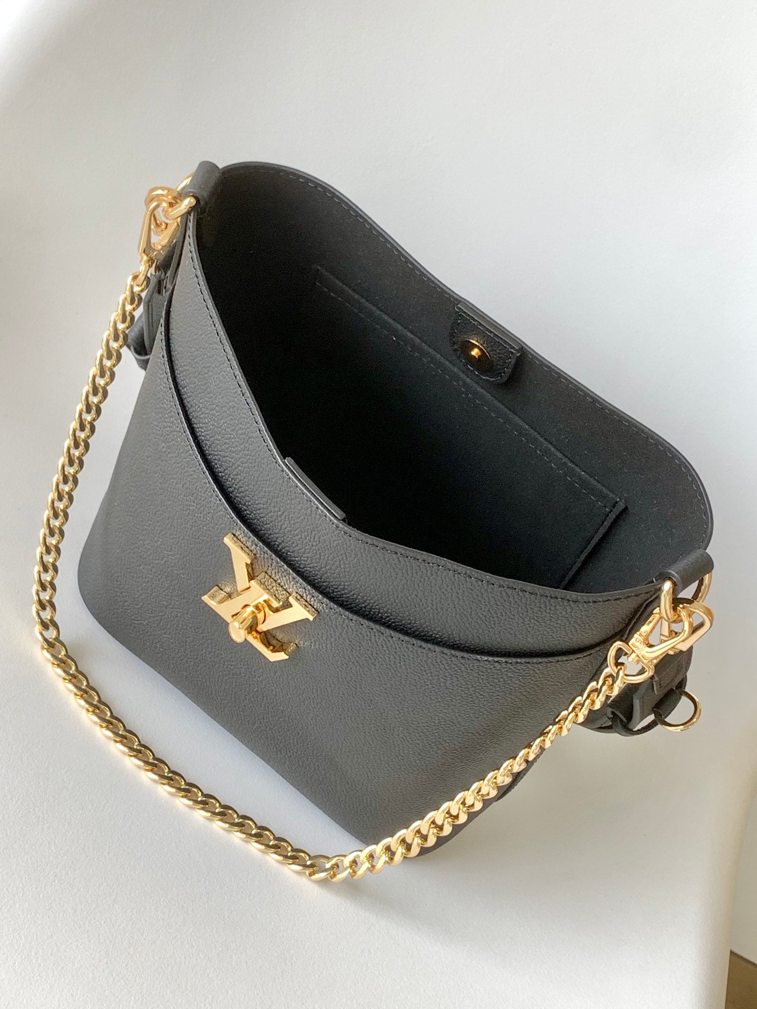 Louis Vuitton Lockme Bucket Bag Black Grained Calfskin Leather