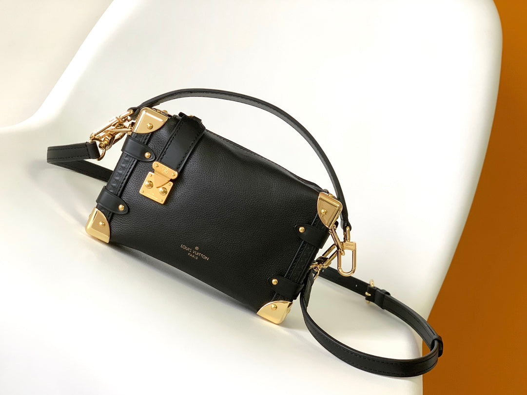 Louis Vuitton Side Trunk MM Handbag - Black Grained Leather with Gold-Tone Hardware