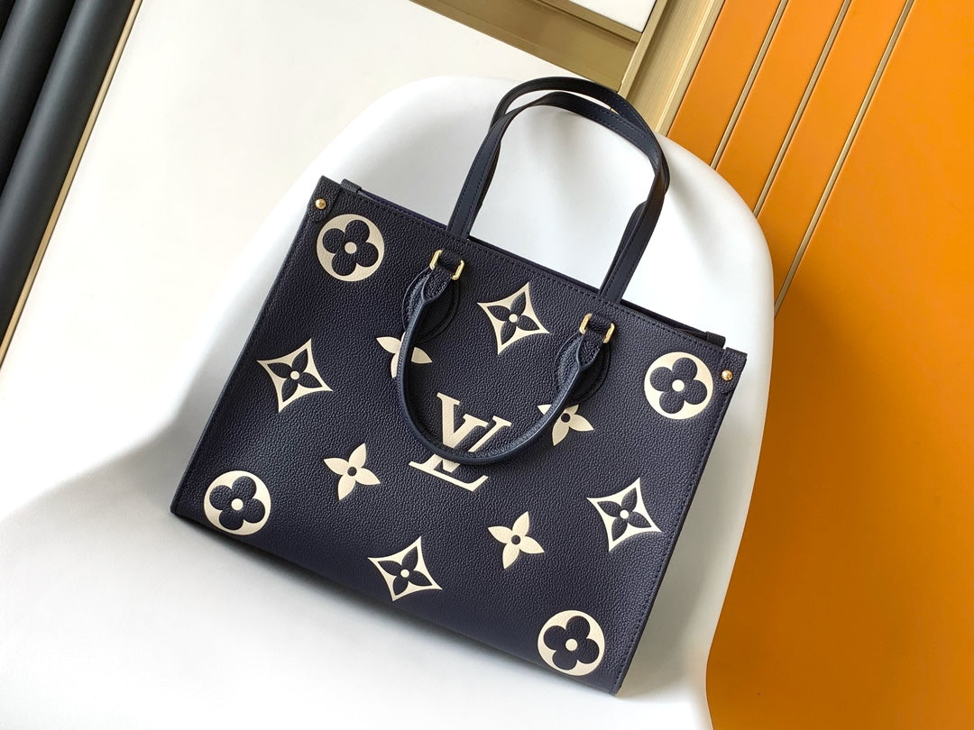 Louis Vuitton OnTheGo MM Monogram Empreinte Navy Blue Leather Tote Bag