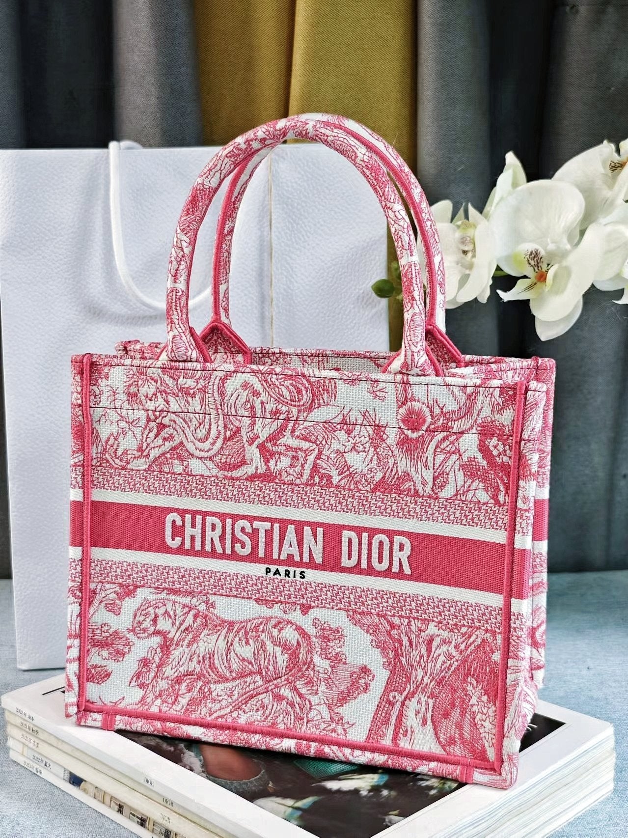 Christian Dior Small Book Tote - Red Toile de Jouy Embroidered Canvas