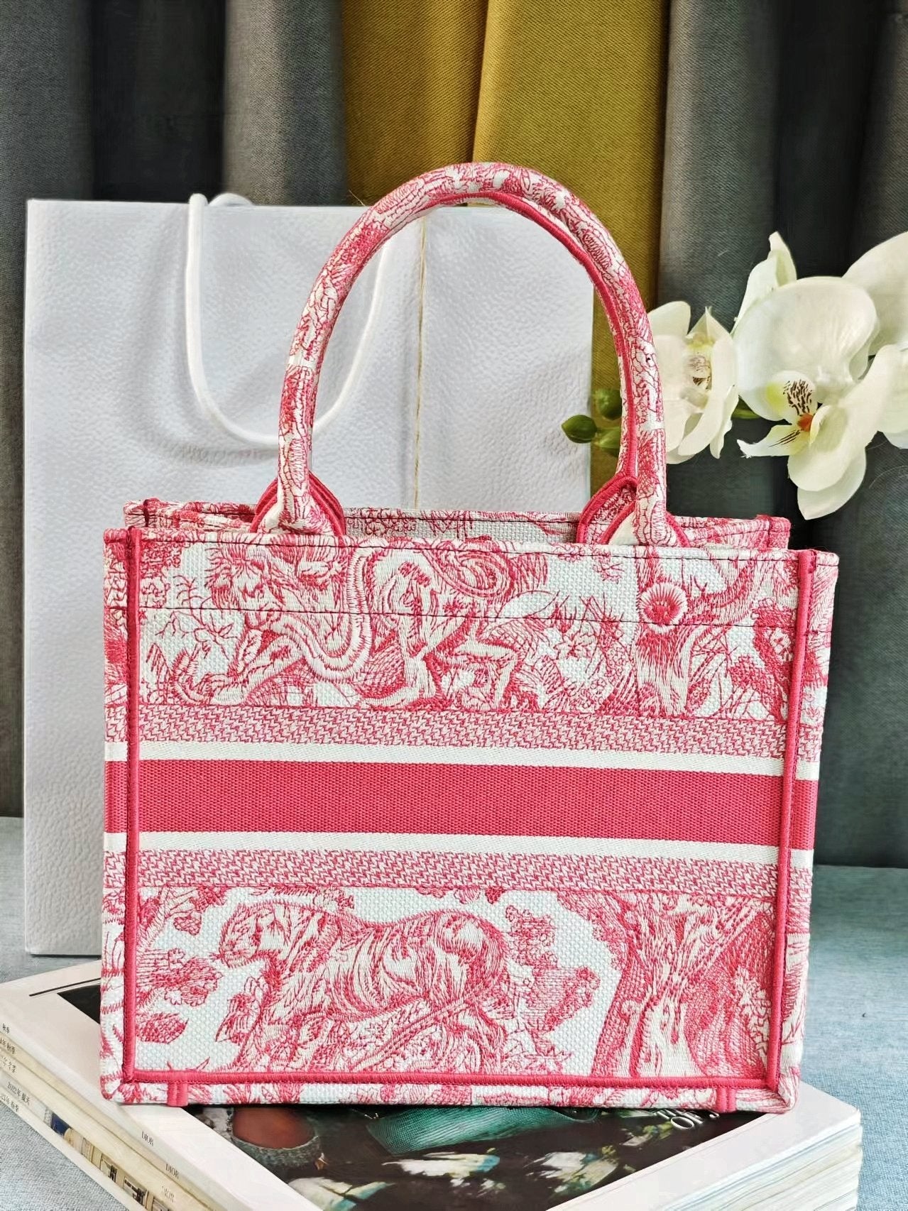 Christian Dior Small Book Tote - Red Toile de Jouy Embroidered Canvas
