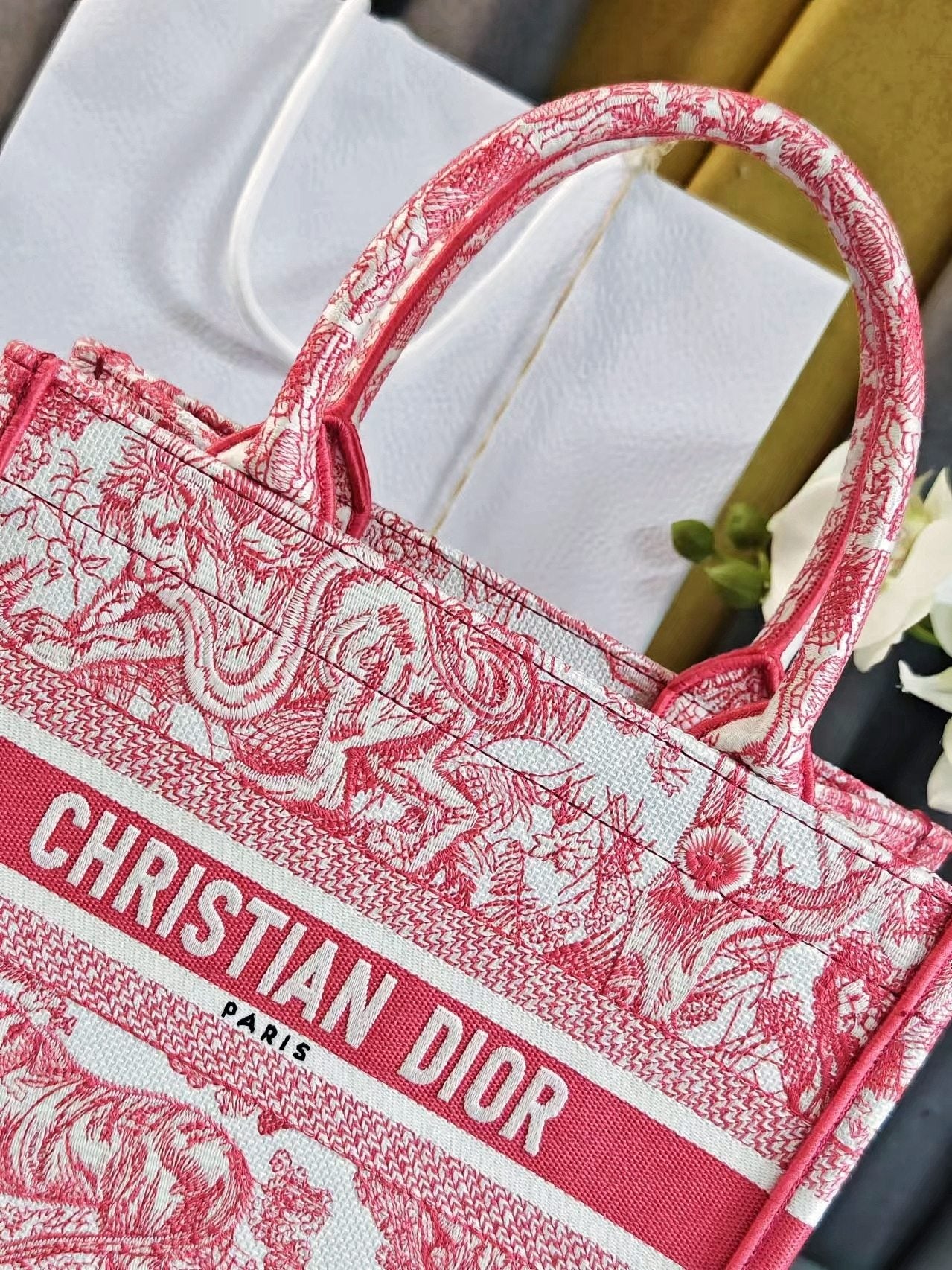 Christian Dior Small Book Tote - Red Toile de Jouy Embroidered Canvas