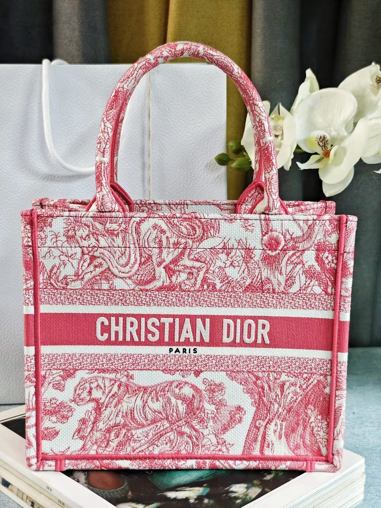 Christian Dior Small Book Tote - Red Toile de Jouy Embroidered Canvas