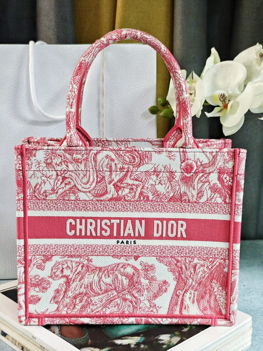 Christian Dior Small Book Tote - Red Toile de Jouy Embroidered Canvas