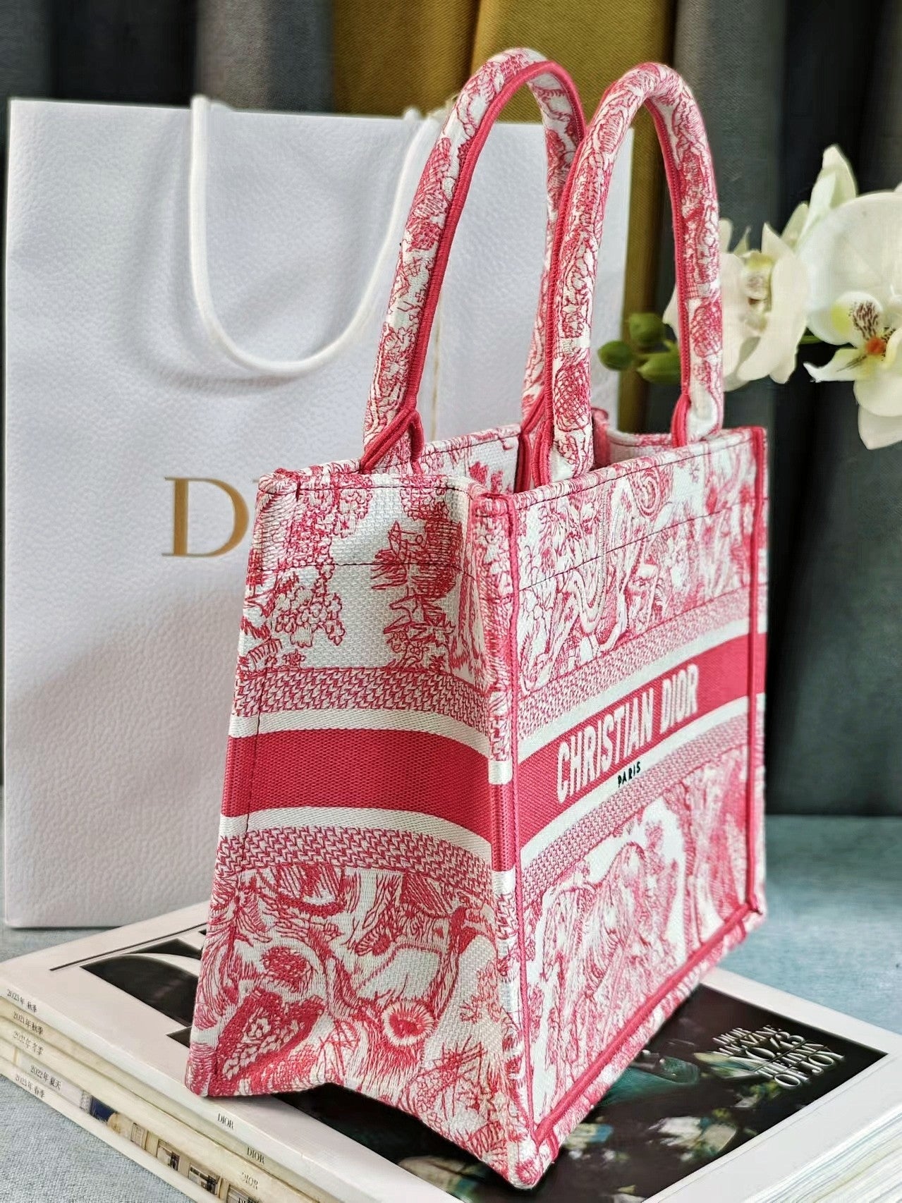 Christian Dior Small Book Tote - Red Toile de Jouy Embroidered Canvas