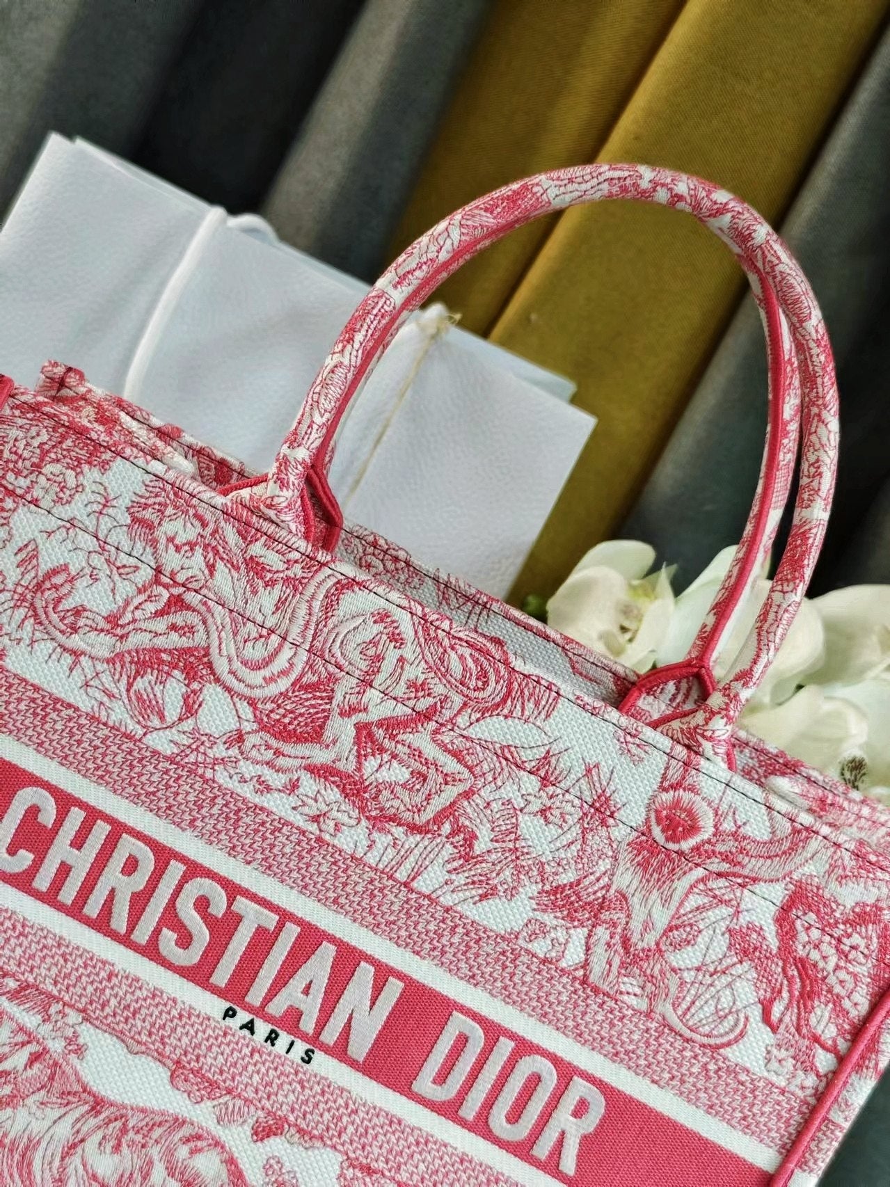 Christian Dior Medium Book Tote Bag Toile de Jouy Embroidery Pink and White
