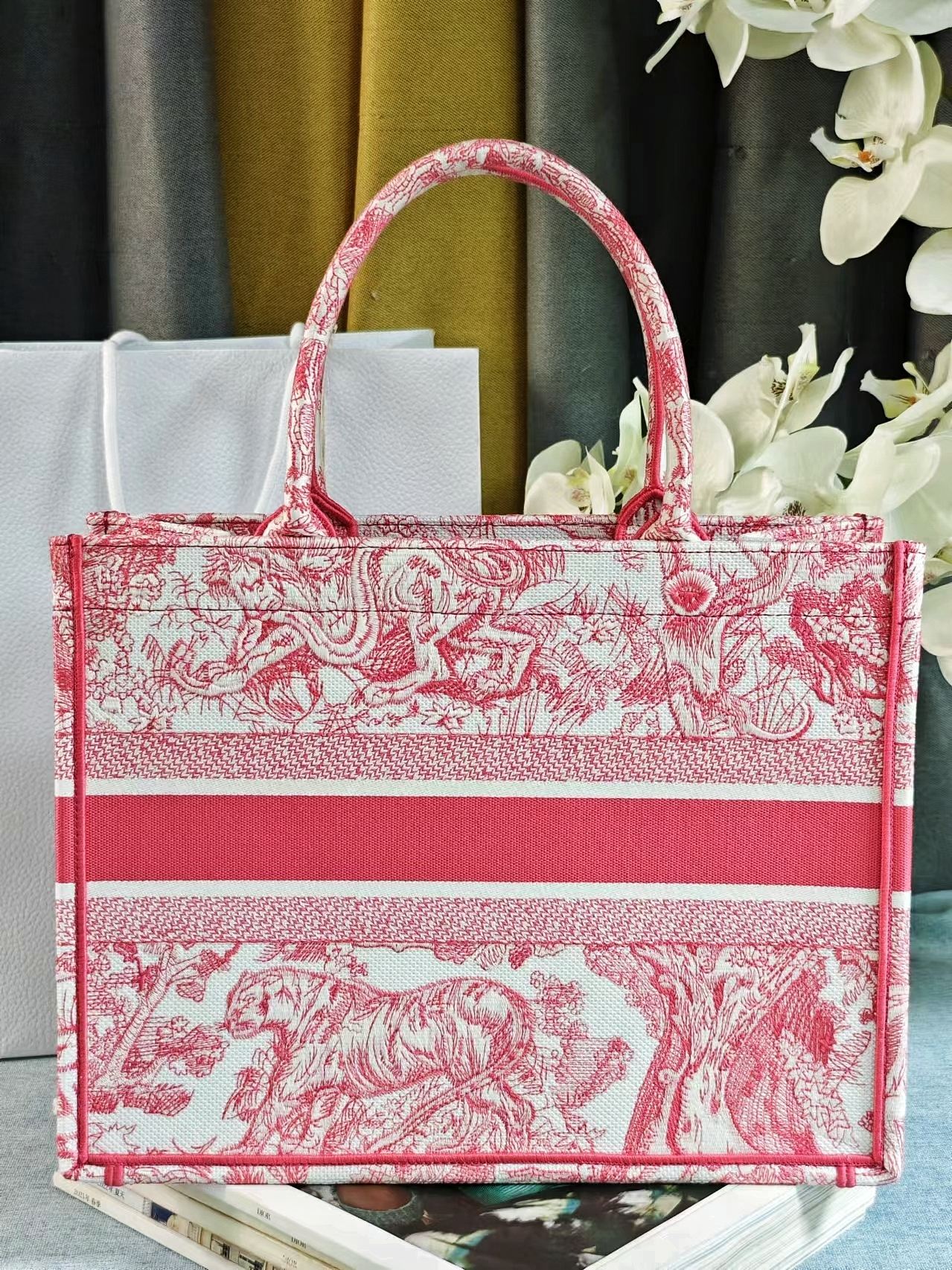 Christian Dior Medium Book Tote Bag Toile de Jouy Embroidery Pink and White
