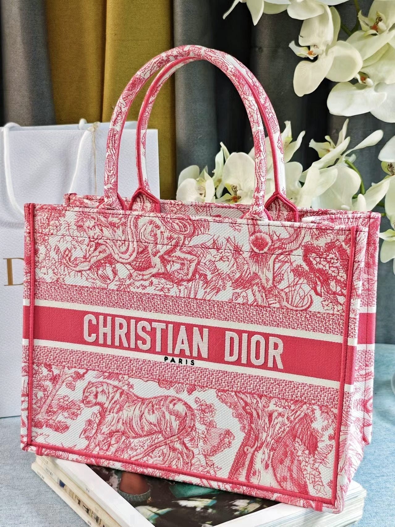 Christian Dior Medium Book Tote Bag Toile de Jouy Embroidery Pink and White