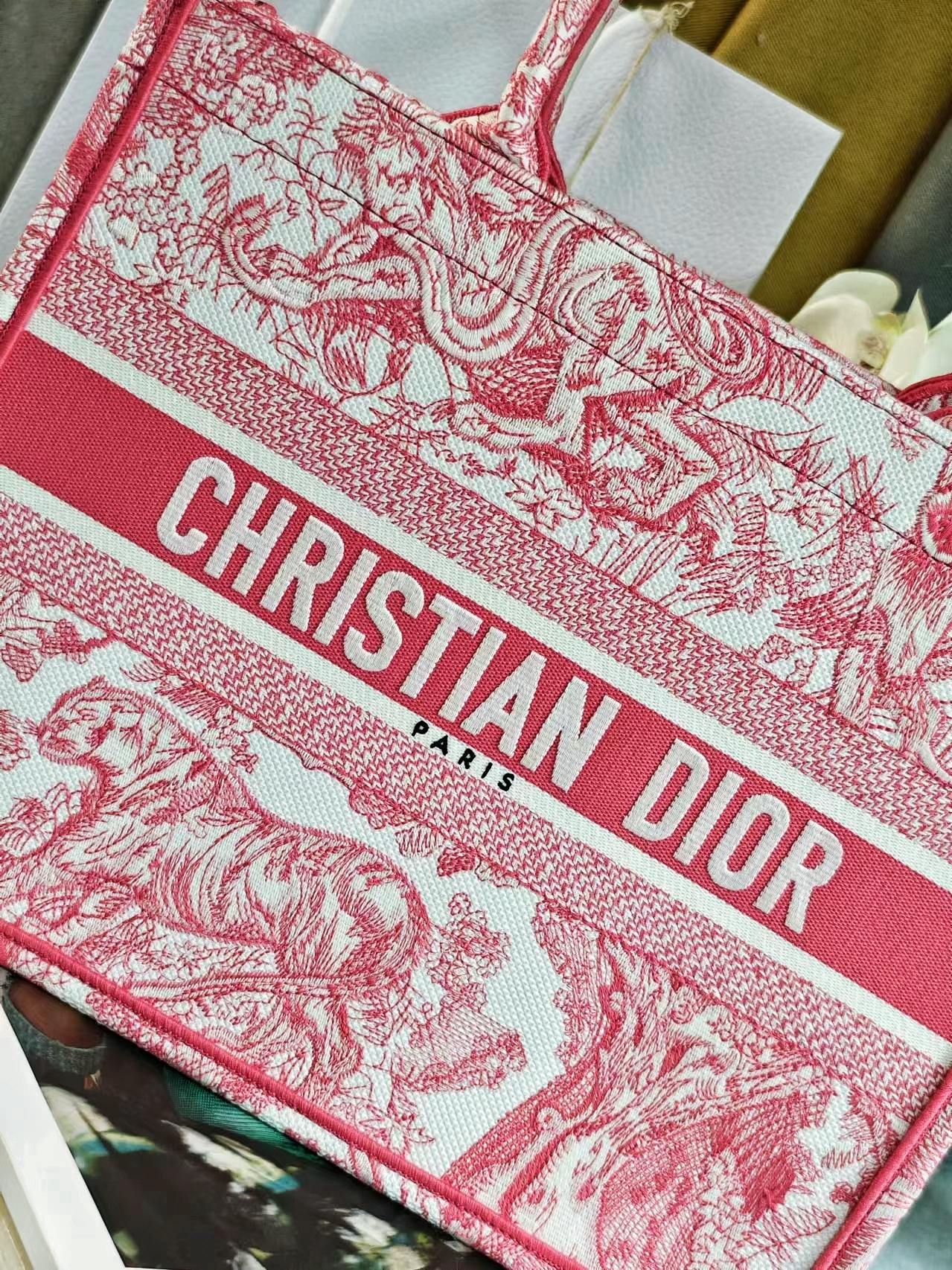 Christian Dior Medium Book Tote Bag Toile de Jouy Embroidery Pink and White