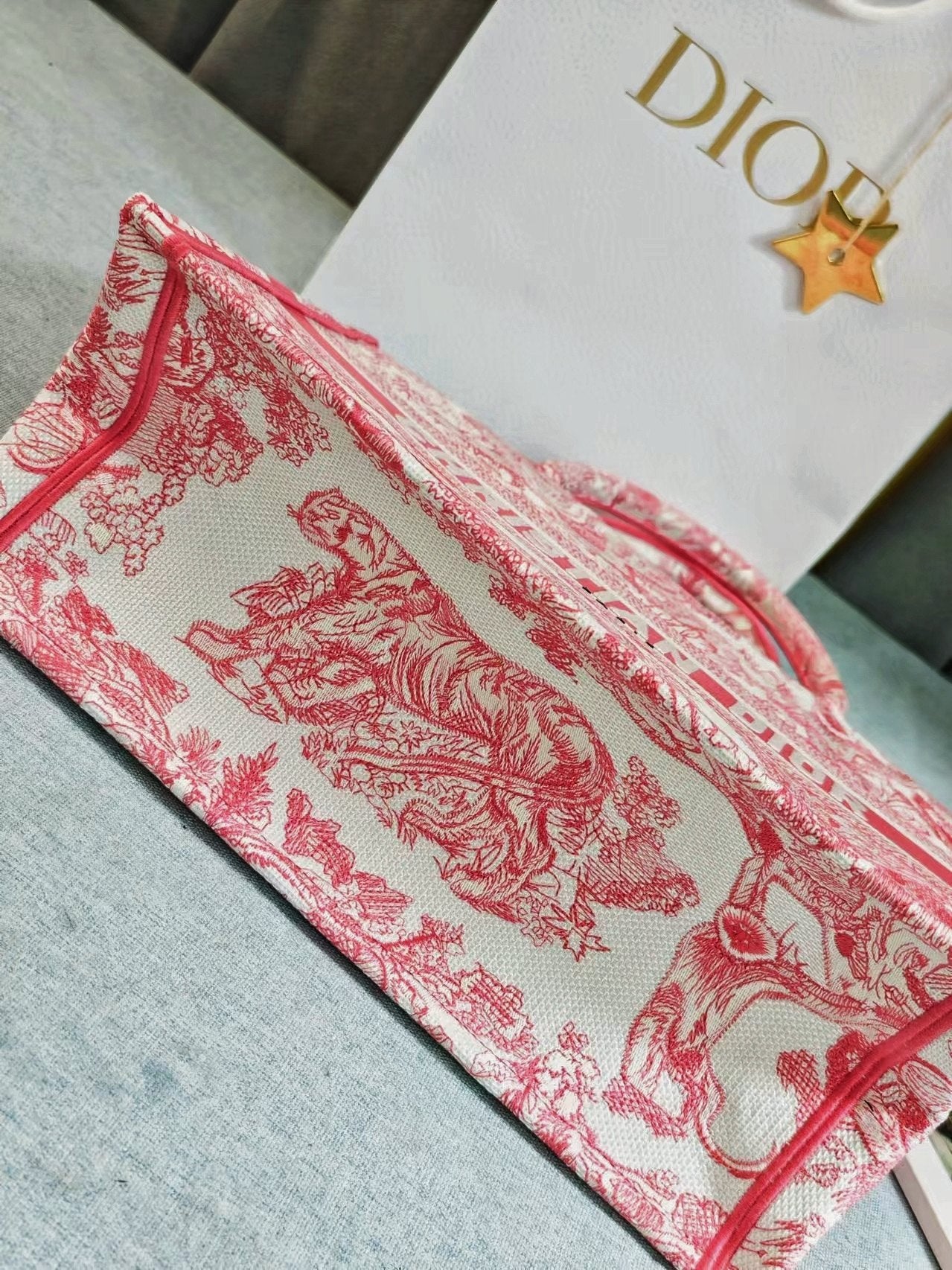 Christian Dior Medium Book Tote Bag Toile de Jouy Embroidery Pink and White