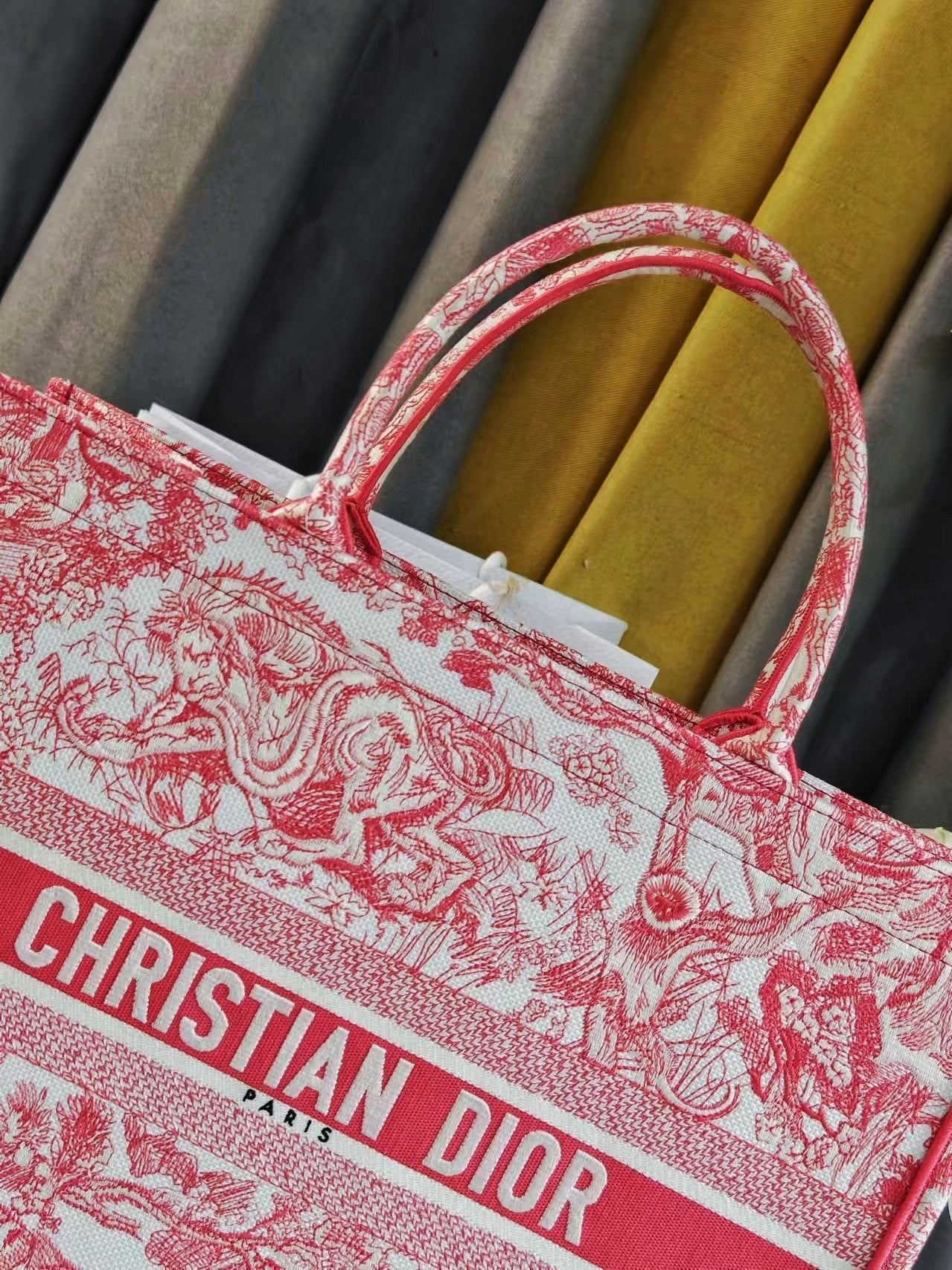 Christian Dior Red Toile de Jouy Embroidery Large Book Tote Bag