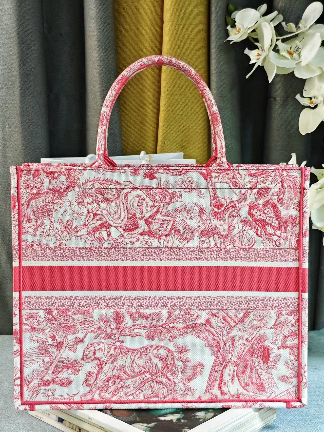 Christian Dior Red Toile de Jouy Embroidery Large Book Tote Bag
