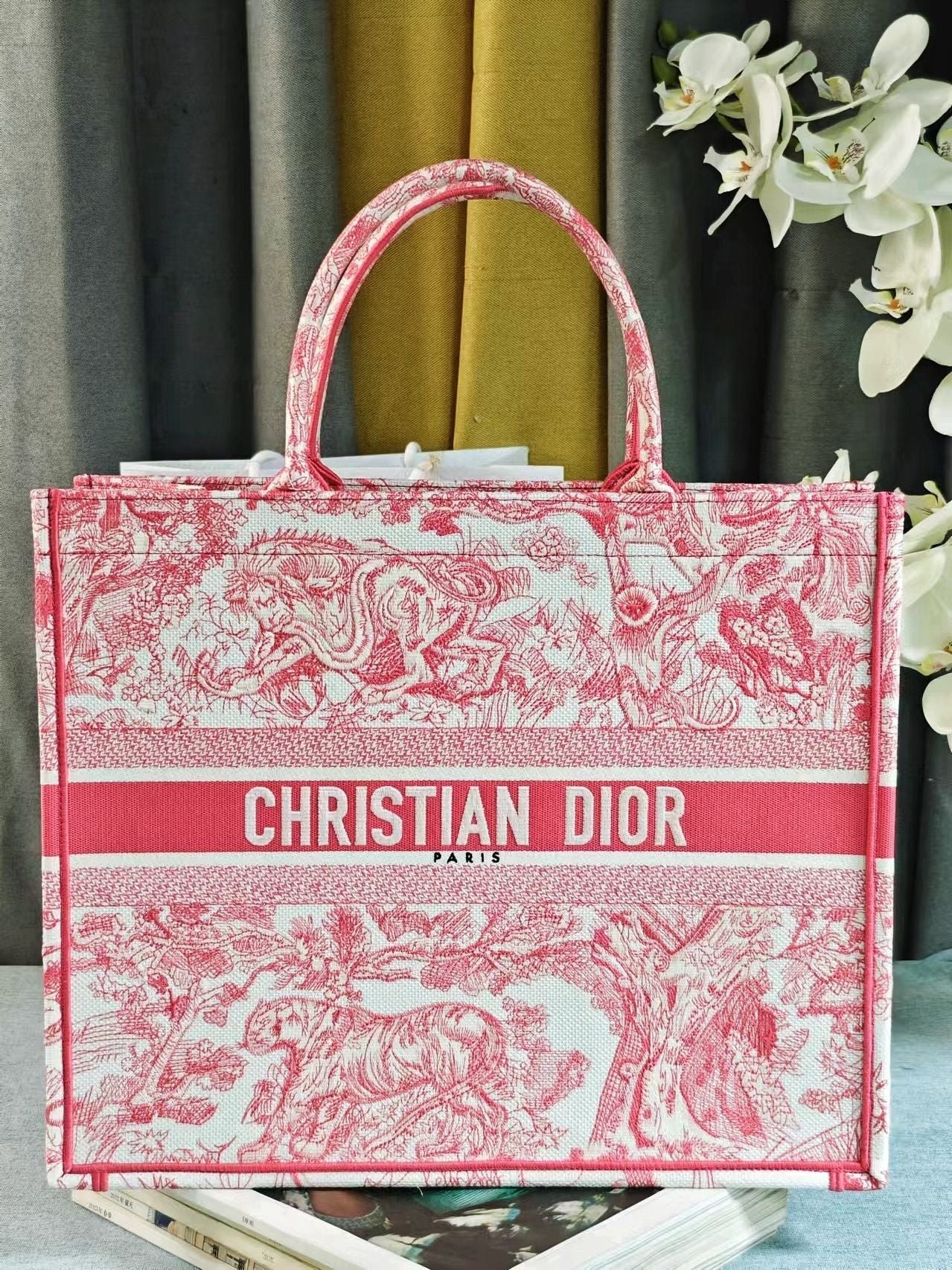 Christian Dior Red Toile de Jouy Embroidery Large Book Tote Bag