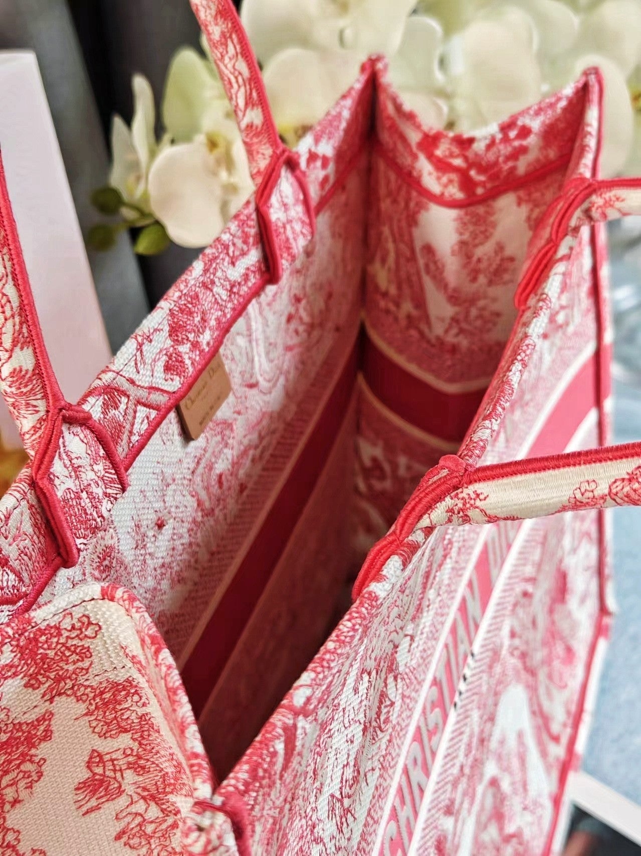 Christian Dior Red Toile de Jouy Embroidery Large Book Tote Bag