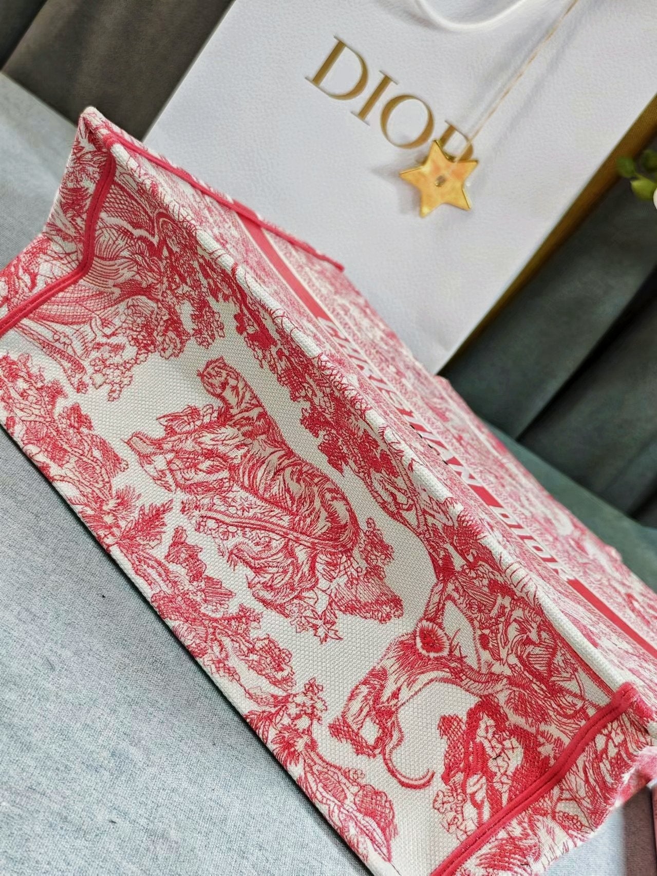 Christian Dior Red Toile de Jouy Embroidery Large Book Tote Bag