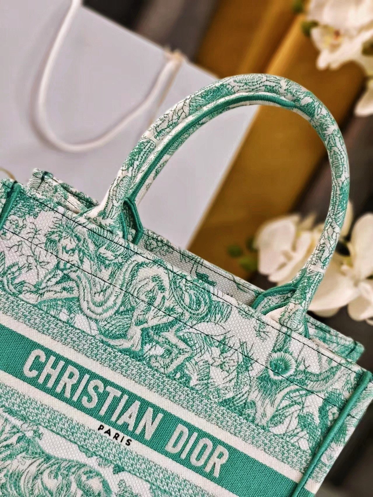 Dior Green Jungle Animal Print Embroidered Canvas Tote Handbag