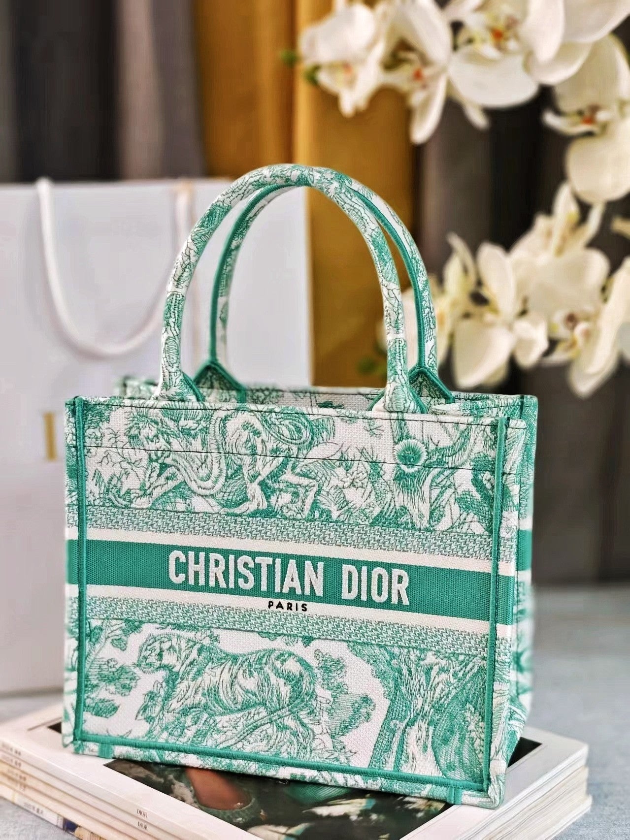 Christian Dior Mini Book Tote Bag Green Toile de Jouy Sauvage Embroidery